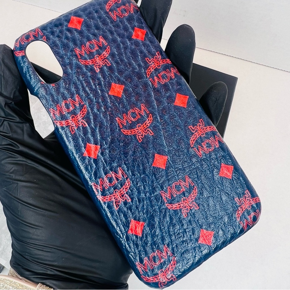 Auth MCM Leather Phone Case for IPHONE XS with Complete Inclusions - Blue / Red